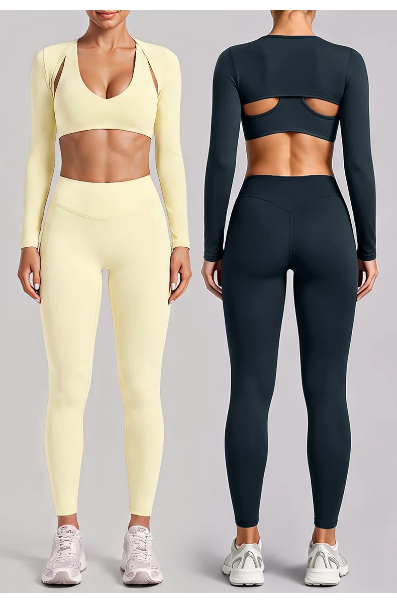 Front and back styling of yellow and dark yoga wear sets — user-provided reference