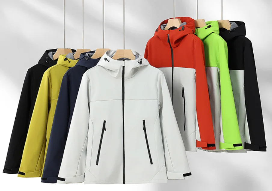 Hooded jackets in multiple colors displayed on wooden hangers — user-provided photograph